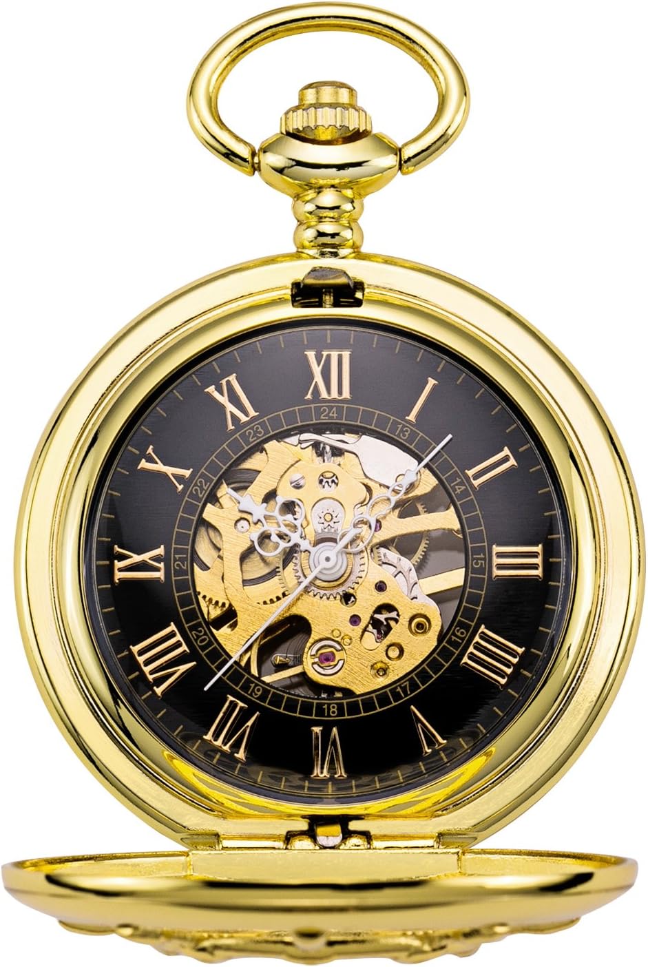 TREEWETO Unisex Taschenuhr mit Kette Analog Handaufzug Doppelscharnier Ruder Skelett Gold