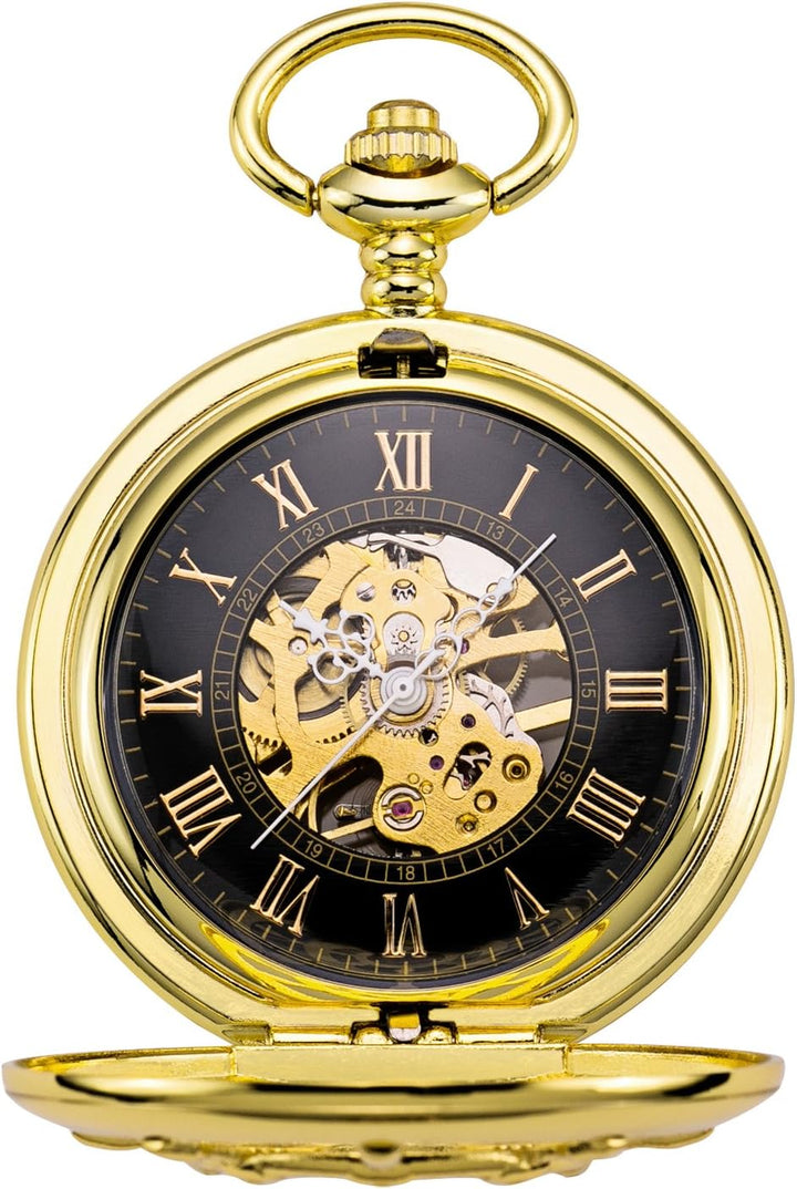 TREEWETO Unisex Taschenuhr mit Kette Analog Handaufzug Doppelscharnier Ruder Skelett Gold