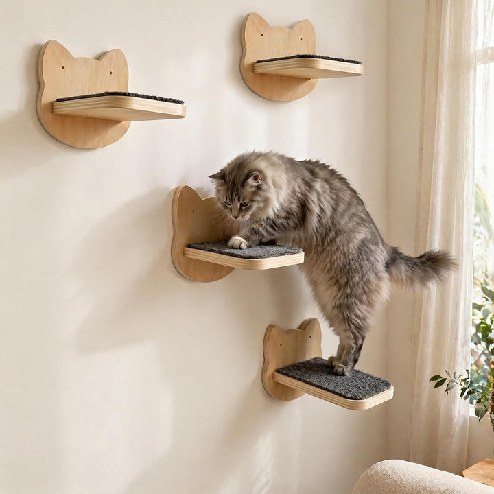 Katzentreppe Wand 4pcs - Kletterwand für Katzen im Katzenkopf-Design, Stabile Katzentreppe bis 30 kg