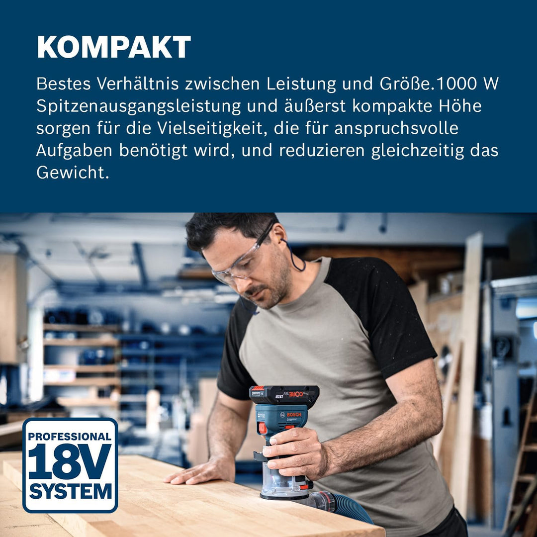 Bosch Professional 18V System Akku-Kantenfräse GKF 18V-8 (inkl. Parallelanschlag, 2x Saugadapter zum