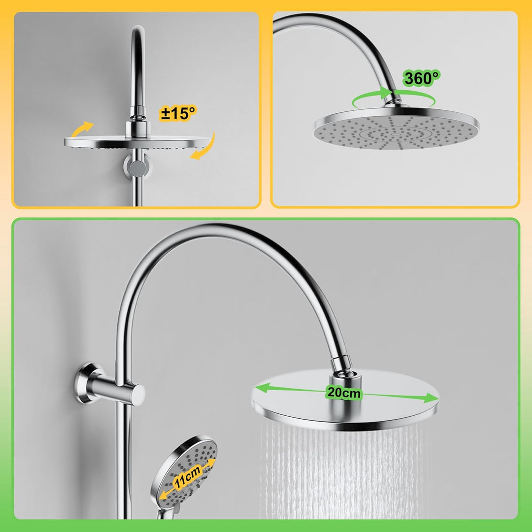 Florenta Regendusche Duschsystem ohne Armatur, Duschset mit Edelstahl-Duschstange, Kopfbrause und Ha