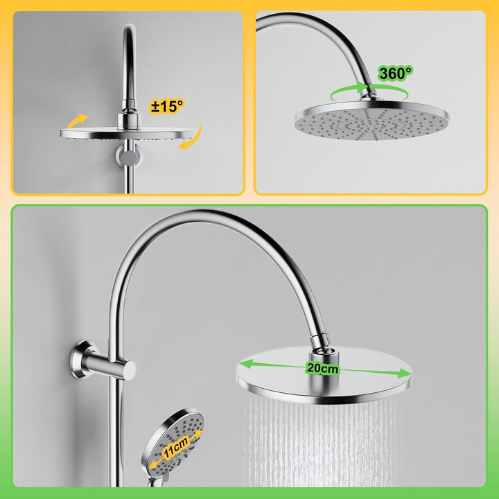 Florenta Regendusche Duschsystem ohne Armatur, Duschset mit Edelstahl-Duschstange, Kopfbrause und Ha