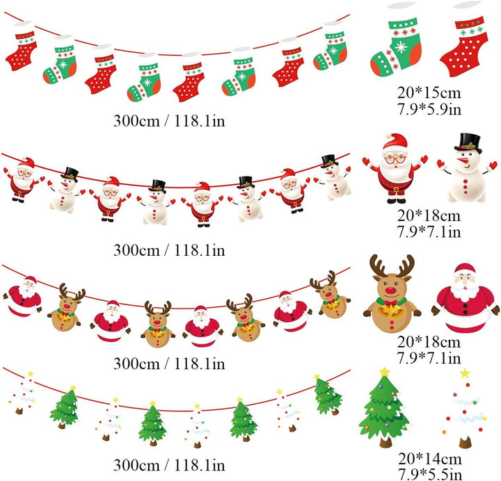 4 Stück Weihnachten Bunting Banner, Weihnachten Girlande Papier, Santa Banner Schneemann Weihnachtss