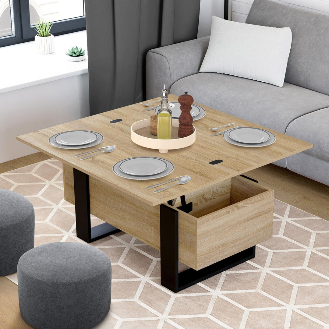 IDMarket - Rechteckiger Couchtisch, klappbar, umwandelbar in einen Esstisch Phoenix, Holz und Schwar