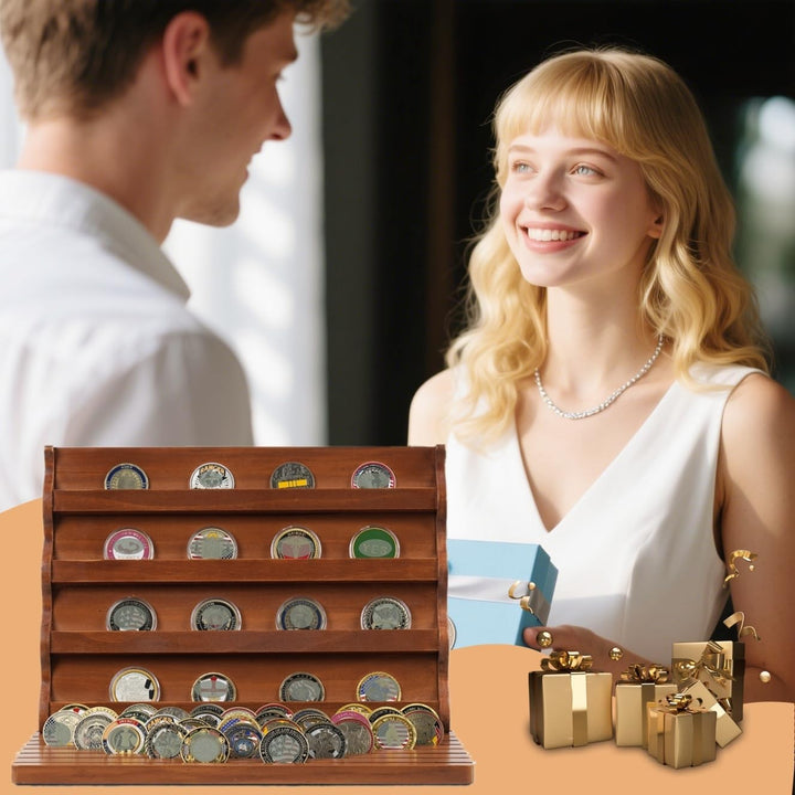 Coin Holder für 80+ Münzen, Münzständer Holz, Display Stand mit Neigung, Münzsammler Medaillenhalter