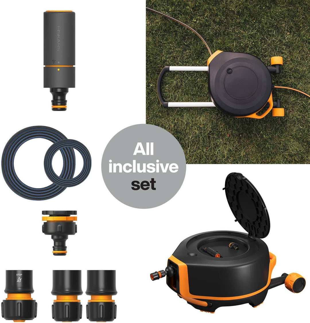 Fiskars Waterwheel XL mit Rädern, All-Inclusive-Bewässerungs-Set, 27 m Gesamtreichweite, Automatisch