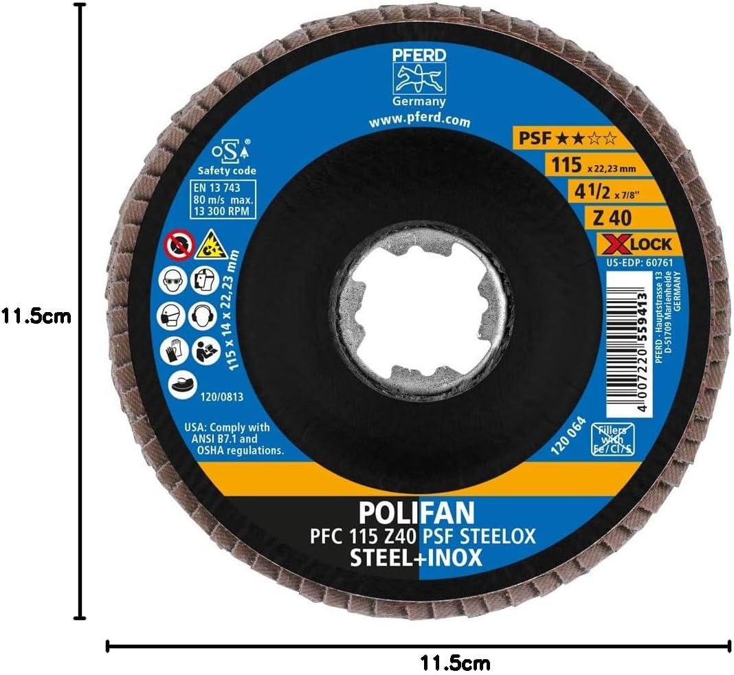 PFERD Fächerscheibe POLIFAN, 10 Stück, 115mm, Z40, X-LOCK (22,23 mm), PSF STEELOX, 67664116 – für ho
