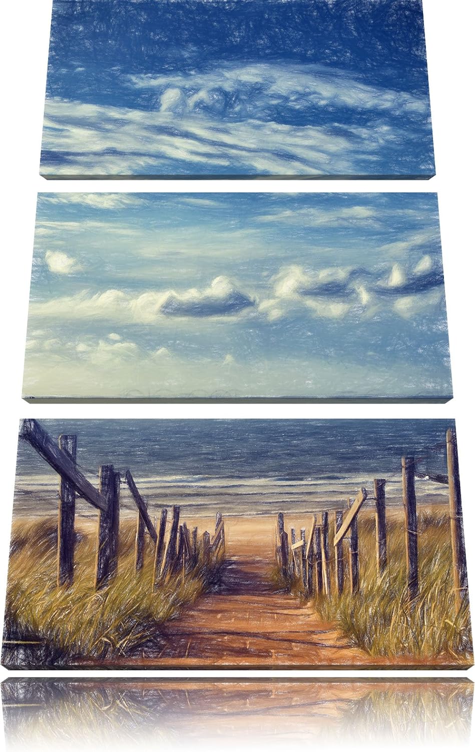 Pixxprint Weg zum Strand am Meer Kunst Buntstift Effekt 3-Teiler Leinwandbild 120x80 Bild auf Leinwa