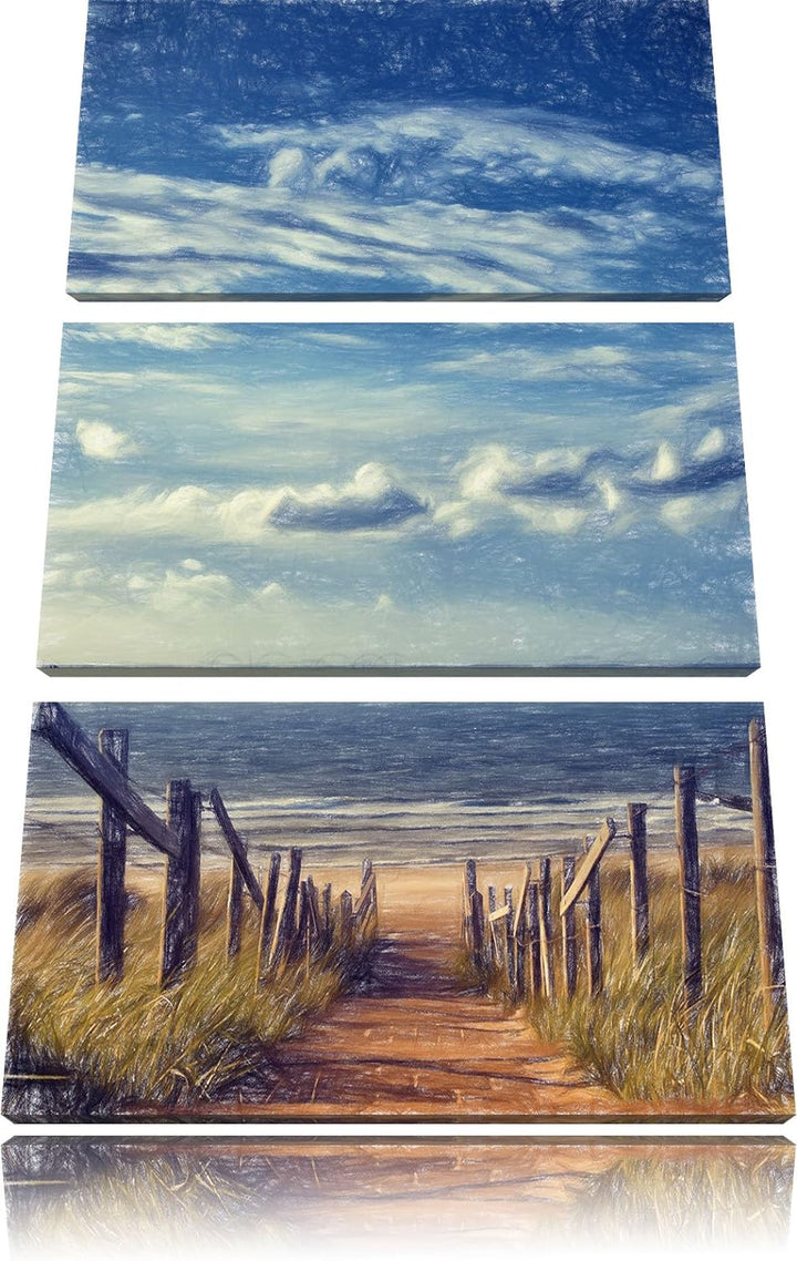 Pixxprint Weg zum Strand am Meer Kunst Buntstift Effekt 3-Teiler Leinwandbild 120x80 Bild auf Leinwa