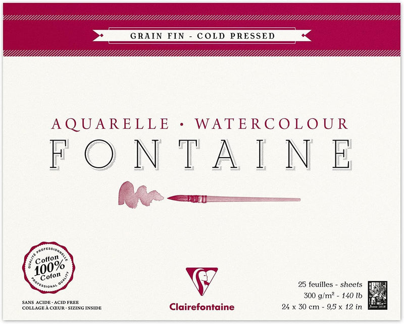 Clairefontaine 96414C Malblock, 4-seitig verleimt Aquarellpapier Feinkörnig, Fontaine/Hadern, 24 x 3