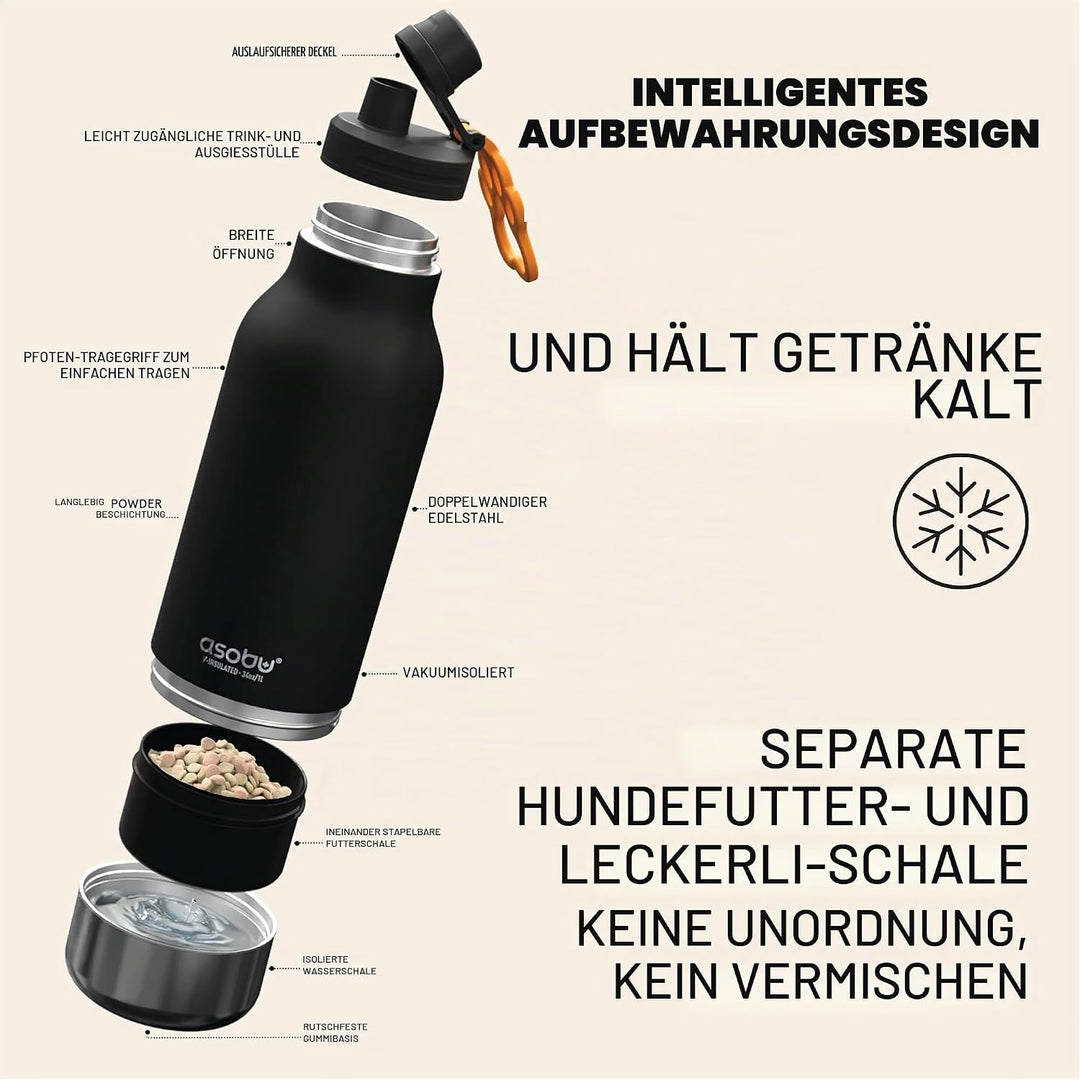 ASOBU - Dog Bowl Buddy - Edelstahlflasche mit 2 Näpfen Schwarz Schwarz., Schwarz.