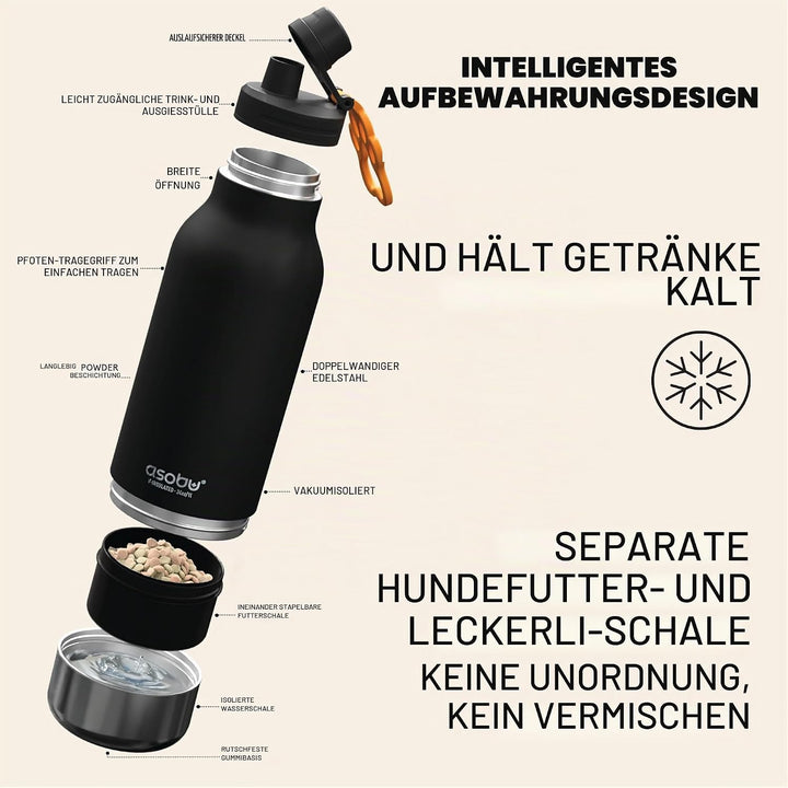 ASOBU - Dog Bowl Buddy - Edelstahlflasche mit 2 Näpfen Schwarz Schwarz., Schwarz.