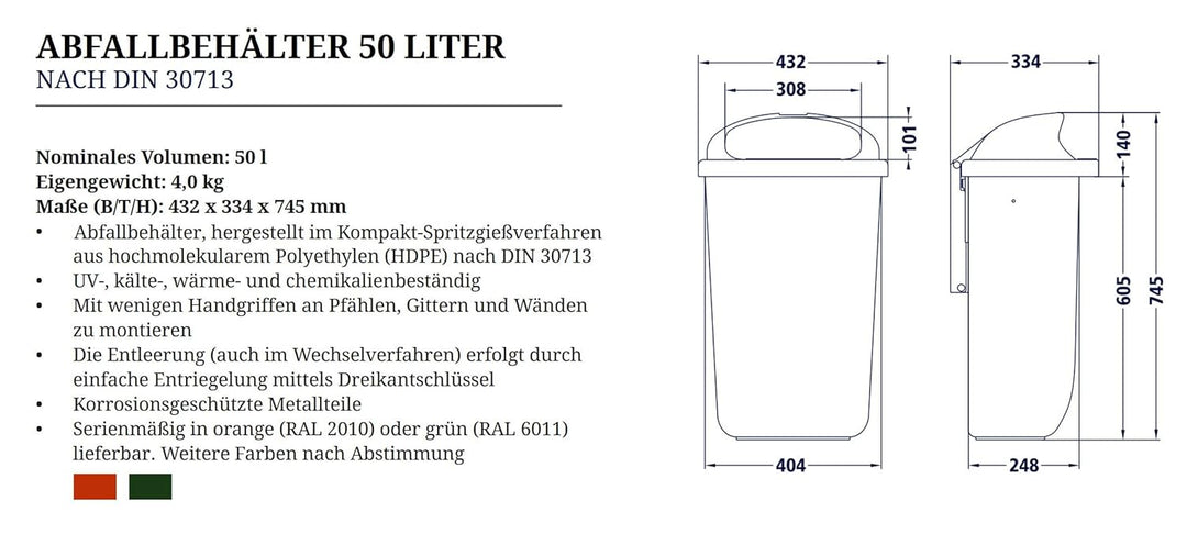 SULO Original Set Abfallbehälter Papierkorb mit Regenhaube | Made in Germany | 50 Liter | Grün | Mit