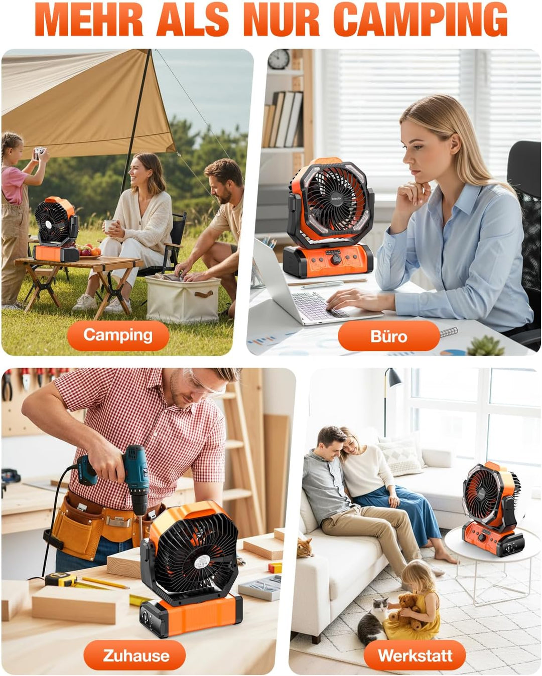 kejector Tragbarer Camping Ventilator, 24000mAh 3-in-1 Akku Gebläse mit LED-Licht, Oszillierender, W