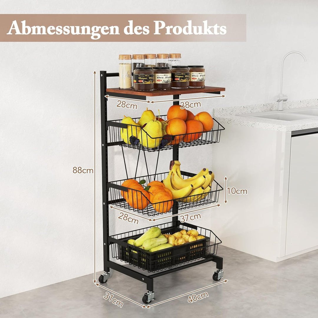 COSTWAY Servierwagen mit Rollen, Gemüseregal mit ausziehbaren Körben &amp; Holzplatte, höhenverstellbar,