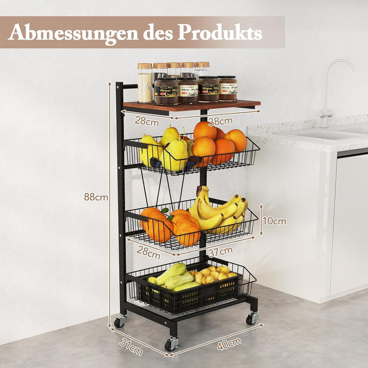 COSTWAY Servierwagen mit Rollen, Gemüseregal mit ausziehbaren Körben &amp; Holzplatte, höhenverstellbar,