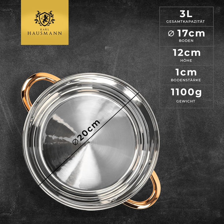 KARL HAUSMANN Kochtopf Induktion - 3L - Ø 20 cm - Edelstahl Topf mit Deckel für alle Herdarten Geeig