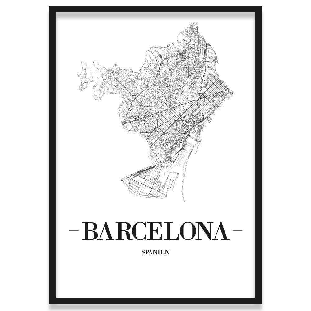 JUNIWORDS Stadtposter, Barcelona, Wähle eine Grösse, 40 x 60 cm, Poster mit Rahmen, Schrift A, Weiss