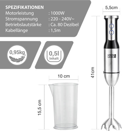 LEBENLANG 1000W Stabmixer Edelstahl - Mit Spritzschutz und 8 Stufen plus Turbo | Hochwertiger Pürier