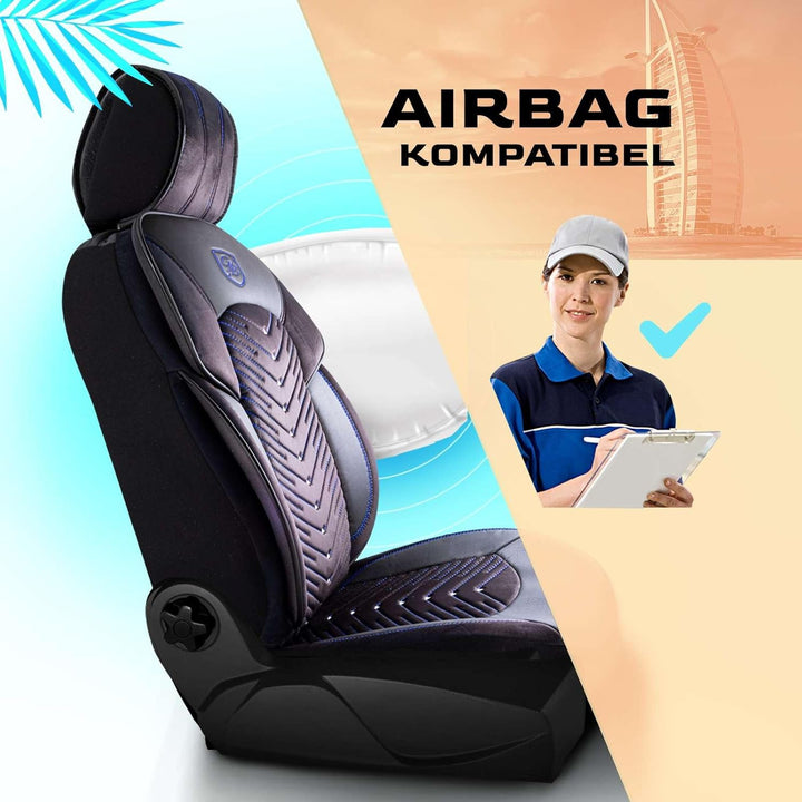 Autositzbezüge Universal für PKW & SUV – Premium Vordersitze Auto Sitzbezug aus Samt, Schwarz-Blau,