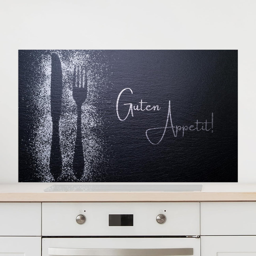 GRAZDesign Spritzschutz Küchenrückwand Glas Küche für Herd & Küchenspüle, Grau Guten Appetit Glaspla