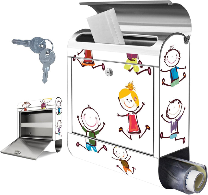 banjado® Briefkasten Edelstahl mit Motiv Happy Kids 38x43x12cm &amp; 2 Schlüssel - rostfreier Edelstahl