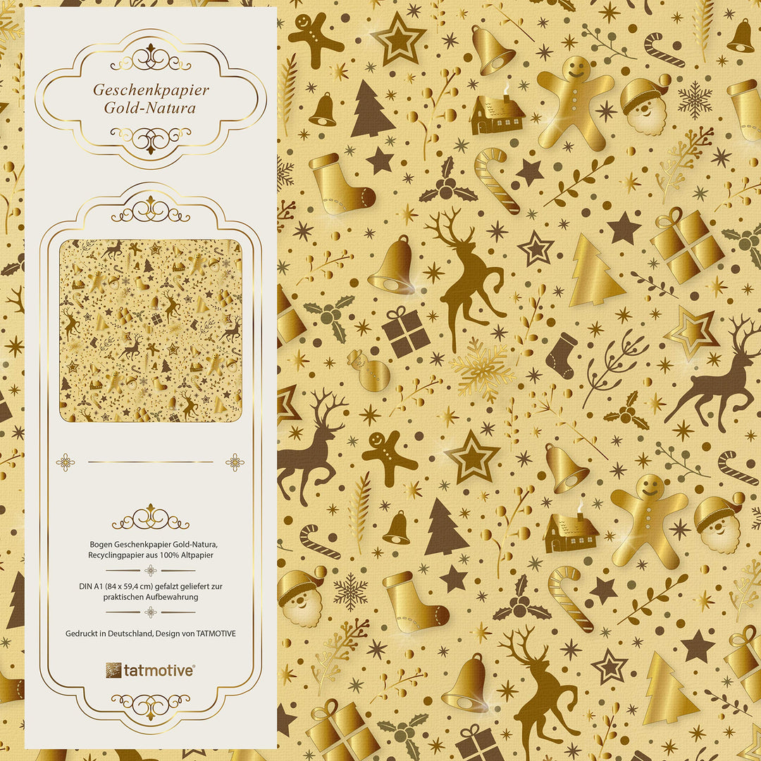Geschenkpapier Weihnachten Gold Natura 25 Bogen 84 x 59 cm, Öko Recycling-Papier nachhaltig gedruckt