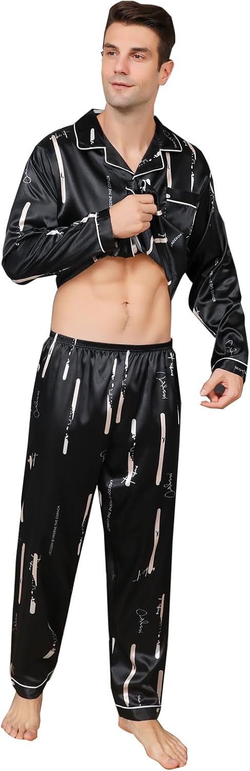 RuanMM Herren-Pyjama-Set aus seidigem Satin mit schwarzem Muster, Nachtwäsche mit Langen Ärmeln und