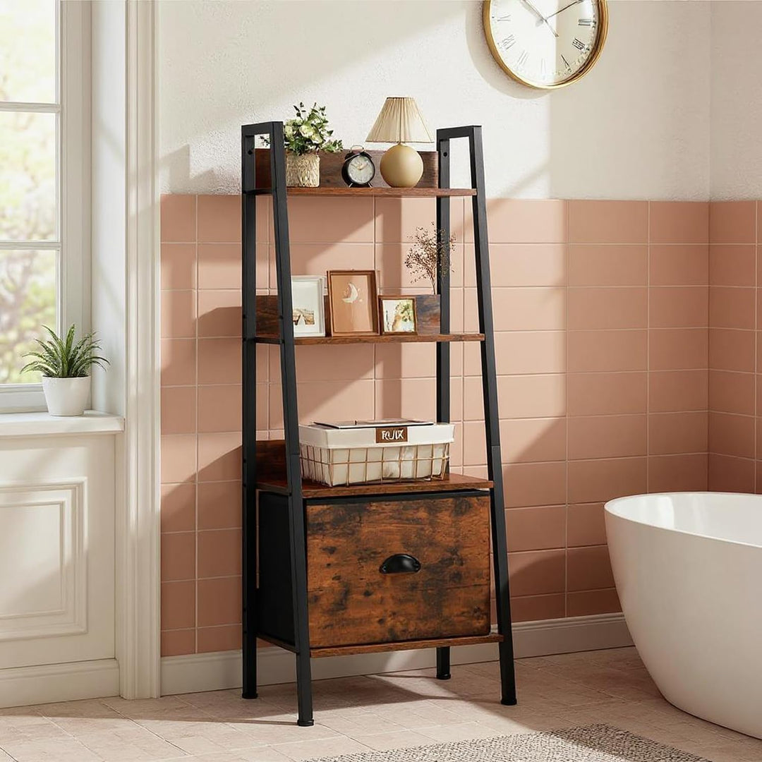 FurnitureR Badezimmerregal Leiterstil 42x29x110 cm, 4 Ebenen, Stoffschublade, 12 mm Holzplatten & 20