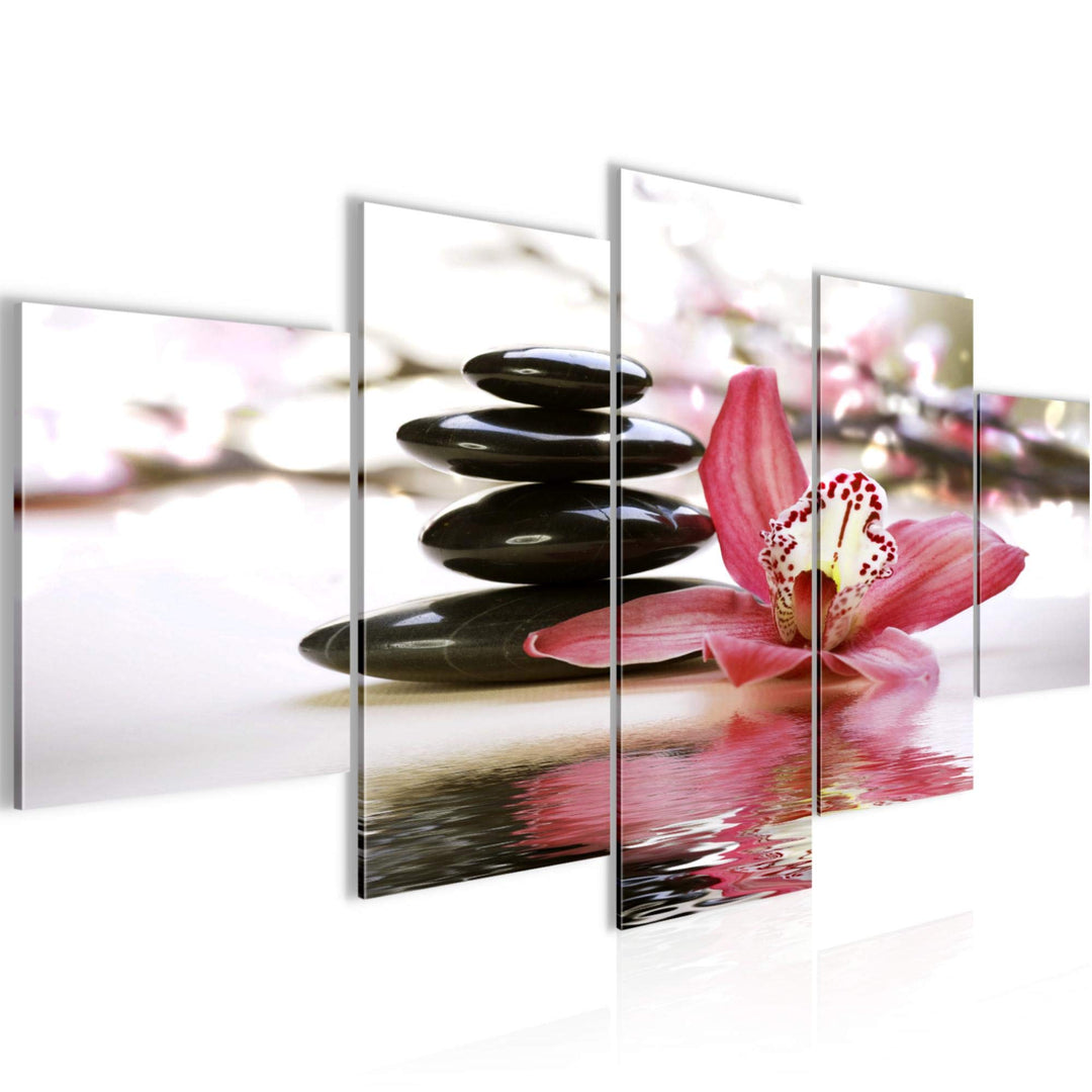 Runa Art Wandbilder Blumen Orchidee 5 Teilig Bild auf Vlies Leinwand Deko Wohnzimmer Steine Rosa Gra