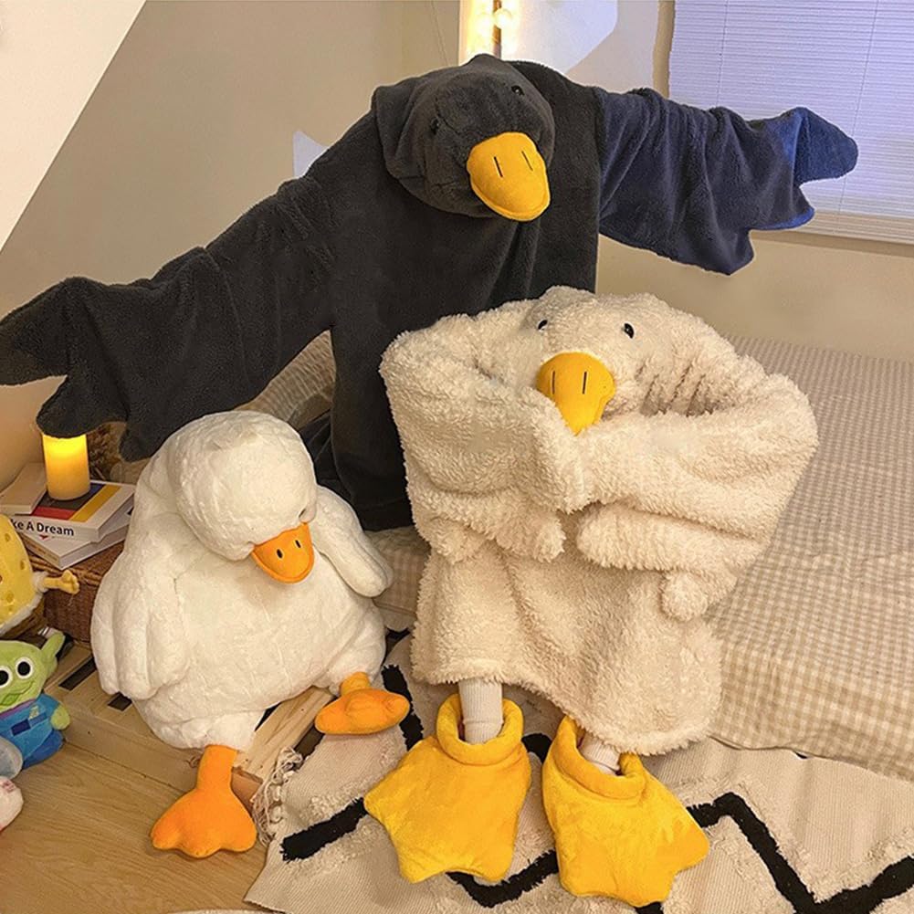 Grosse weisse Gans tragbare Decke – witziger Kapuzeneinteiler für Paare, dickes Korallen-Fleece, rie