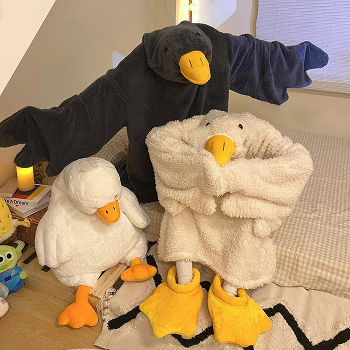 Grosse weisse Gans tragbare Decke – witziger Kapuzeneinteiler für Paare, dickes Korallen-Fleece, rie
