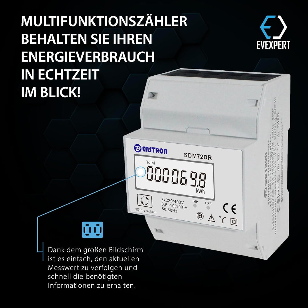 EASTRON SDM72-DR-MID - digitaler Drehstromzähler - 100A 3-phasig - Stromzähler für DIN-Schiene mit R