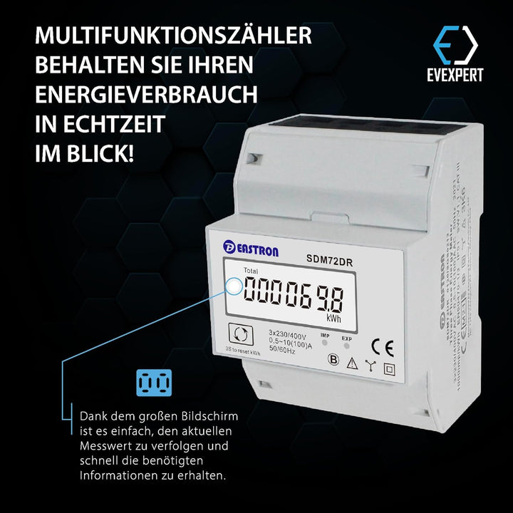 EASTRON SDM72-DR-MID - digitaler Drehstromzähler - 100A 3-phasig - Stromzähler für DIN-Schiene mit R