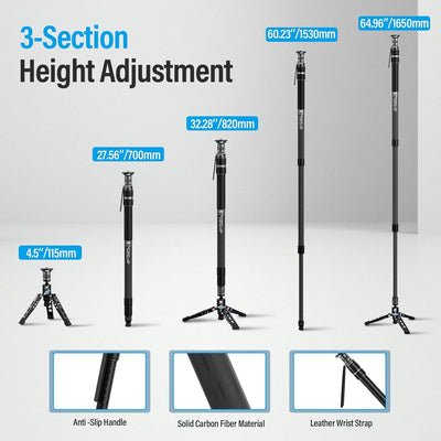 SIRUI SVM-165 Einbeinstativ Kohlefaser Kamera, 165cm Carbon monopod Rapid System Einstufige Höhenver