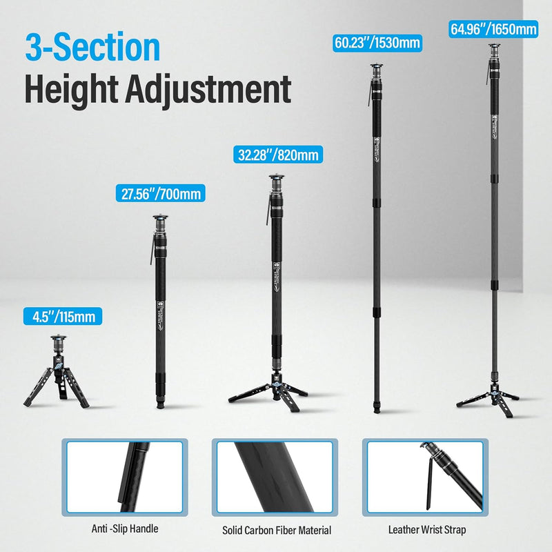 SIRUI SVM-165 Einbeinstativ Kohlefaser Kamera, 165cm Carbon monopod Rapid System Einstufige Höhenver