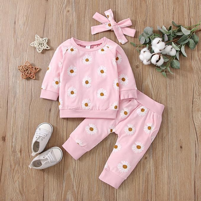 Neugeborene Säugling Baby Mädchen Kleidung Langarm Daisy Blume Sweatshirt+Hosen+DIY Stirnband Outfit