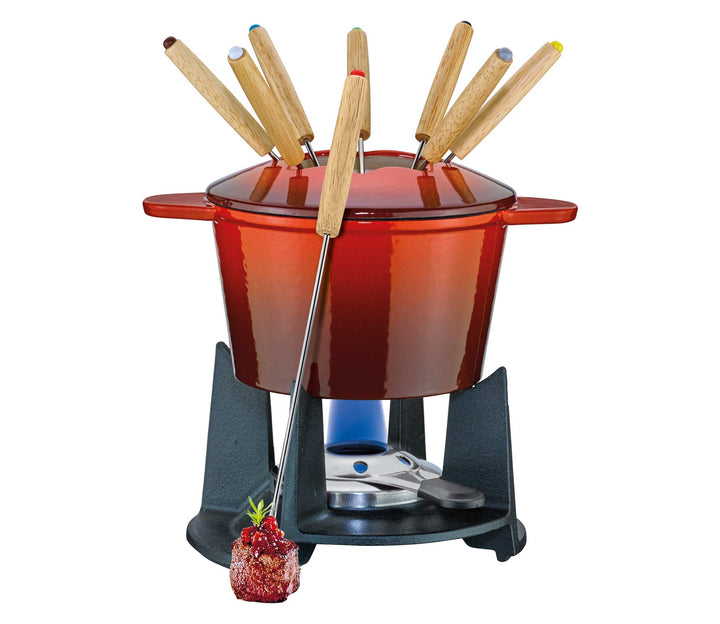 Spring Gusseisen Fondue-Set GRENOBLE rot, Ø 15,5 cm mit 8 Fonduegabeln, Rot