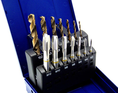 WSH-TOOLS Maschinengewindebohrer Set 14-teilig M3 - M12 HSSE-Co5 DIN 371 Durchgangsloch Gelbring ink