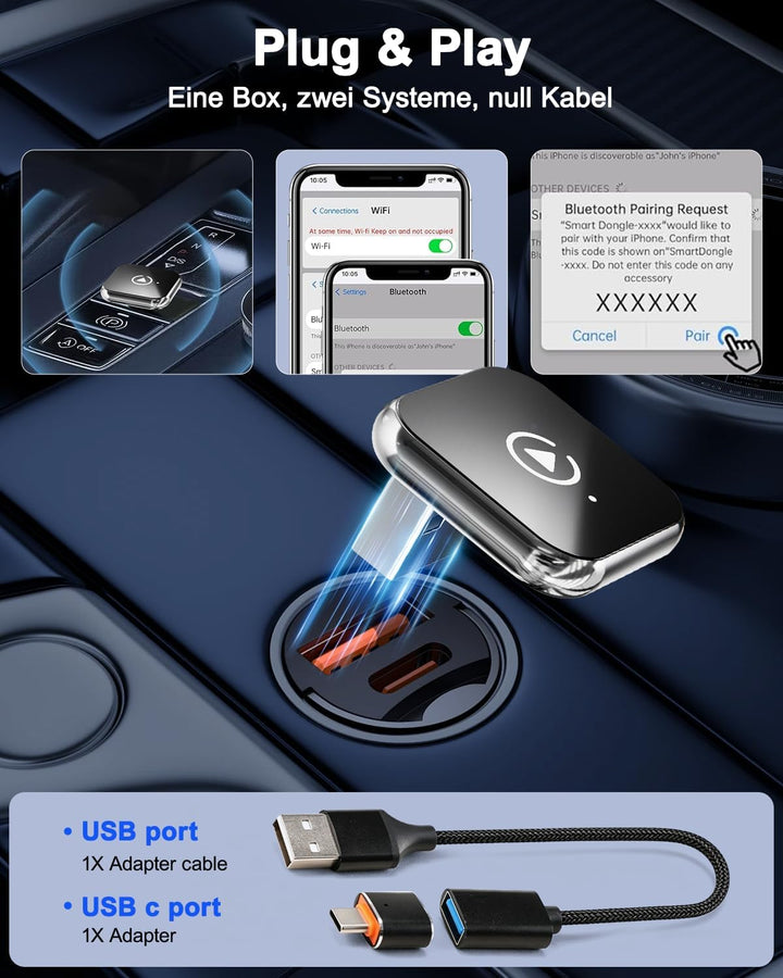 Wireless CarPlay Adapter, Upgrade 2 in 1 Mini Car Play Adapter für iPhone & Android, Plug & Play, Au