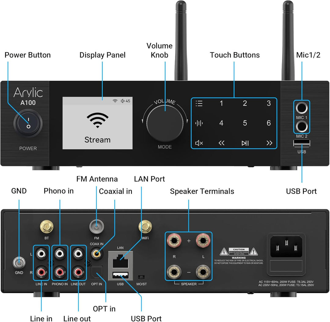 Arylic A100 Wireless Full Digital HiFi-Verstärker mit FM-Radio, 100 W × 2 WiFi- und Bluetooth-Audioe