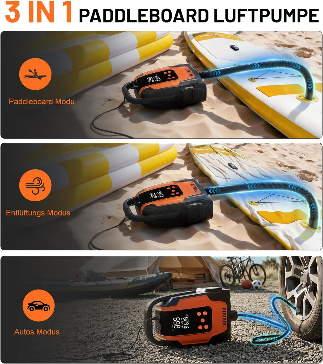 SUP Pumpe Elektrisch, 50PSI 3in1 Elektrische SUP Luftpumpe 12V DC Autoanschluss mit Inflation Auto-O