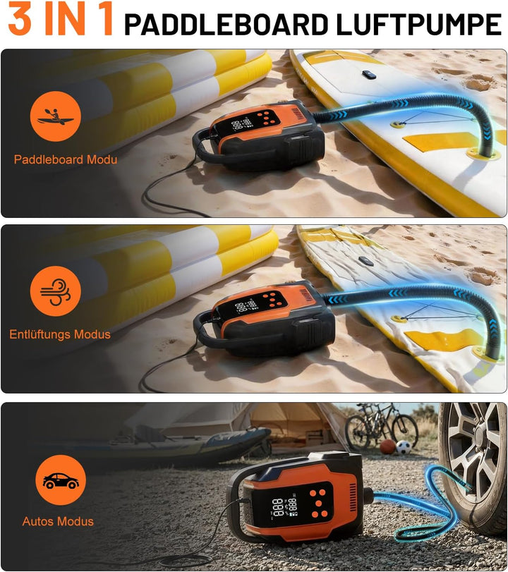 SUP Pumpe Elektrisch, 50PSI 3in1 Elektrische SUP Luftpumpe 12V DC Autoanschluss mit Inflation Auto-O