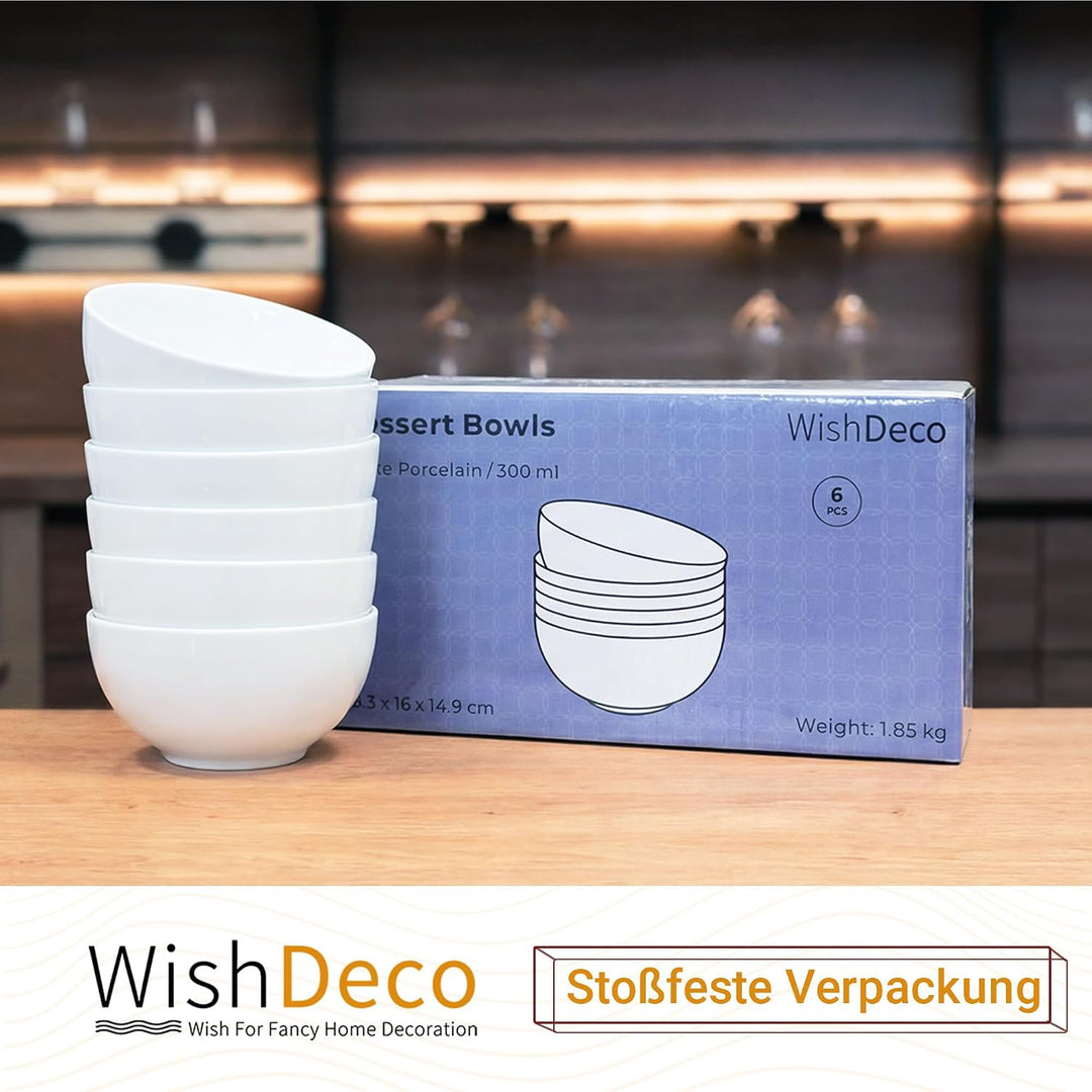 WishDeco Reisschalen 6er-Set, 300 ml Porzellan Schalen, Weisse Schalen für Suppe, Reis &amp; Dessert, Sp