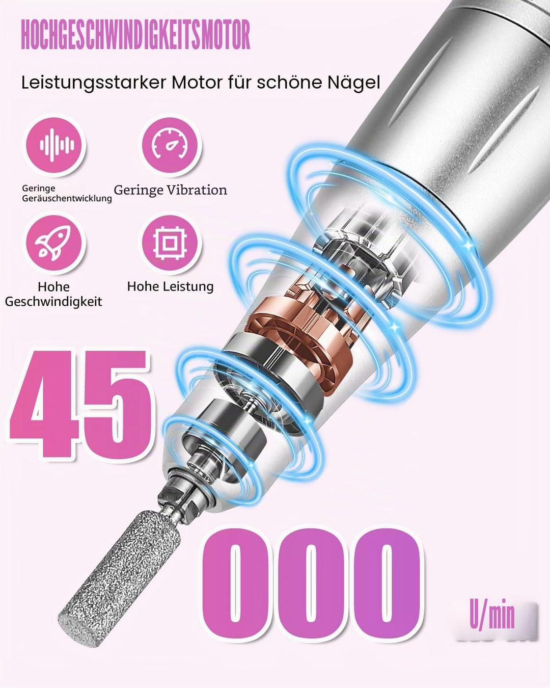 Nagelfräser,Elektrische Nagelfeile 45000 U/min,Fräser Nägel mit LED Display und Pause Funktion,USB A