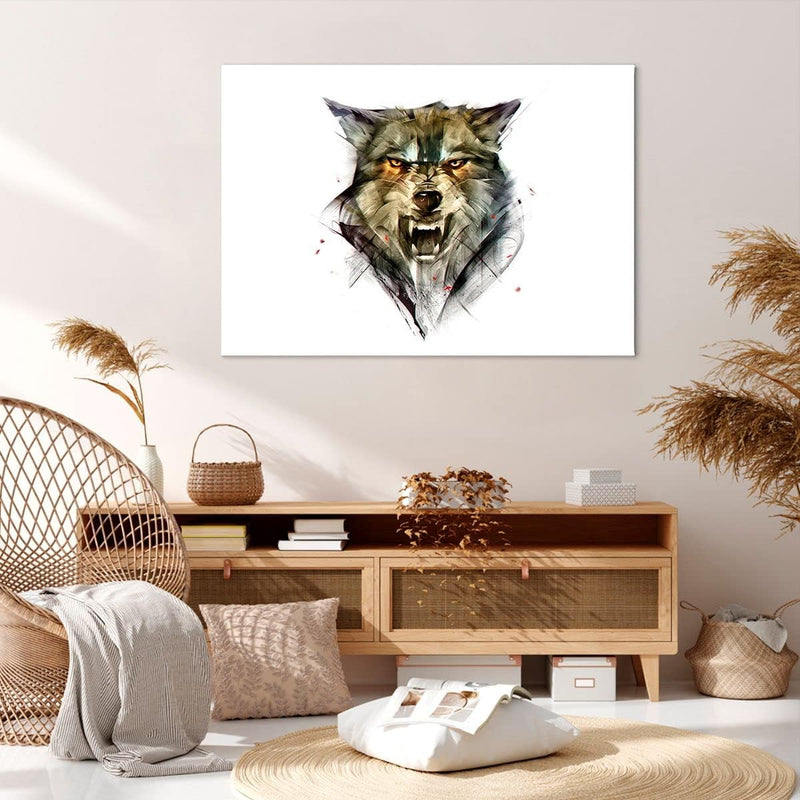 Bilder auf Leinwand 100x70cm Leinwandbild mit Rahmen Wolf Tier Wald Gross Wanddeko Bild Schlafzimmer