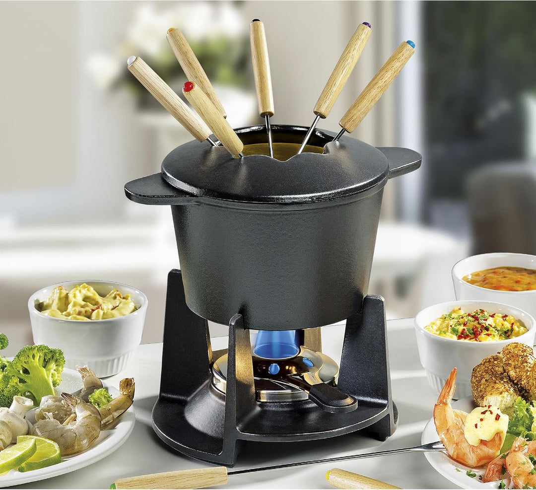 Gusseisen Fondue-Set GRENOBLE schwarz, Ø 15,5 cm mit 8 Fonduegabeln
