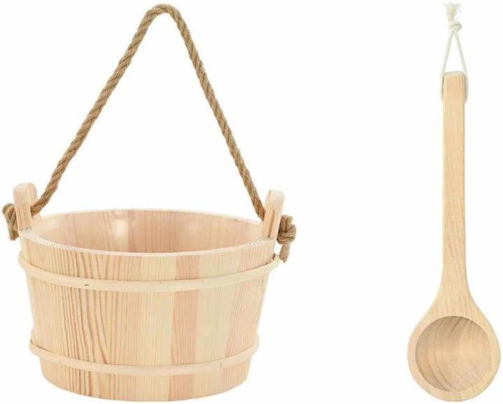 Sauna Eimer Set aus massivem Kiefernholz mit Hanfgriff, lackiert, 2-teilig mit Kelle, 27,5 x 25,5 x