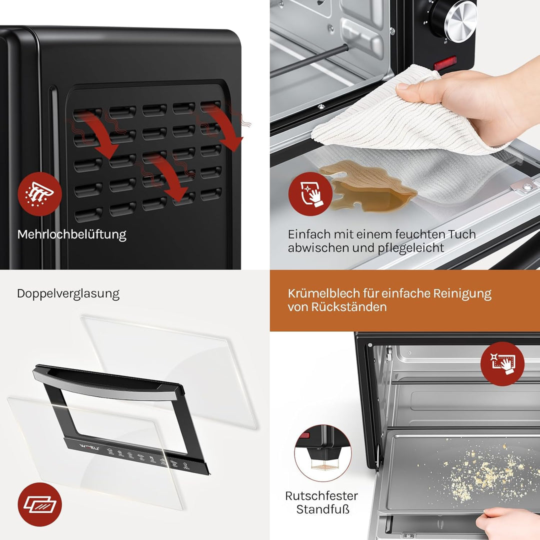 WOLTU Mini Backofen 32 Liter, 1600 Watt Toasterofen | Pizzaofen | Herausnehmbares Krümelblech mit Ti