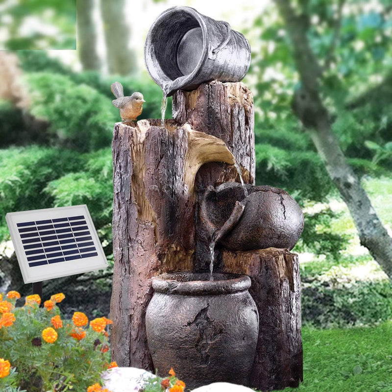 Solar Gartenbrunnen Brunnen BAUMSTUMPF & TONKRÜGE Zierbrunnen Wasserfall Springbrunnen für Terrasse,